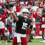 Arizona Cardinals QB Clayton Tune attempts a pass during the Red & White practice on Saturday, Aug. 5, 2023, in Glendale. (Tyler Drake/Arizona Sports)