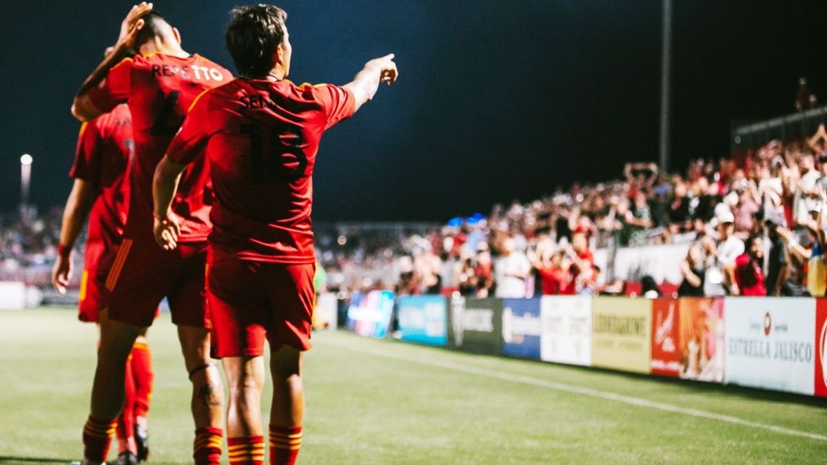 Phoenix Rising FC midfielder Luis Seijas celebrates scoring a goal in a 3-1 win over LA Galaxy II i...