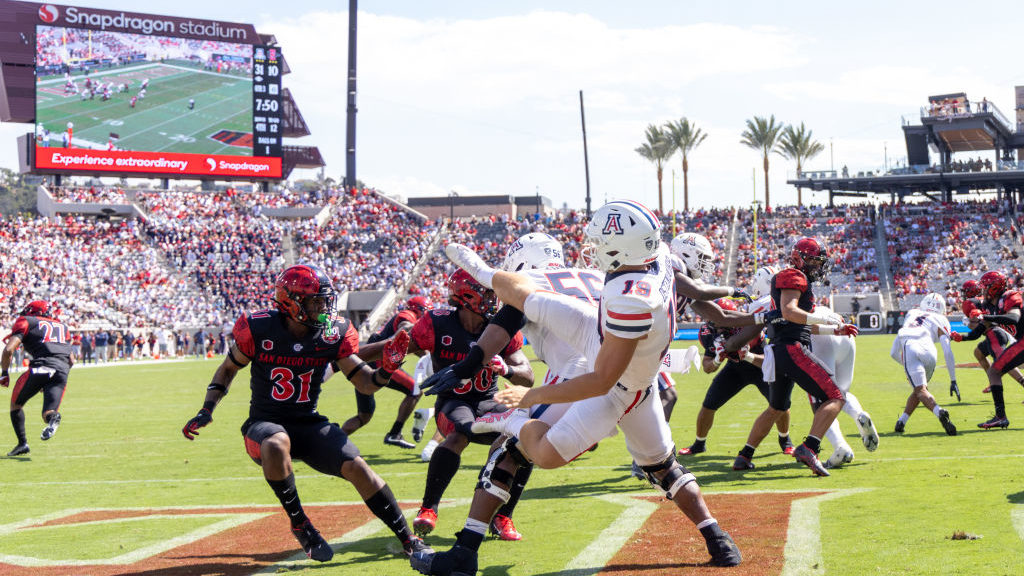 Punter Kyle Ostendorp #19 of the Arizona Wildcatshas his kick blocked  against the San Diego State ...
